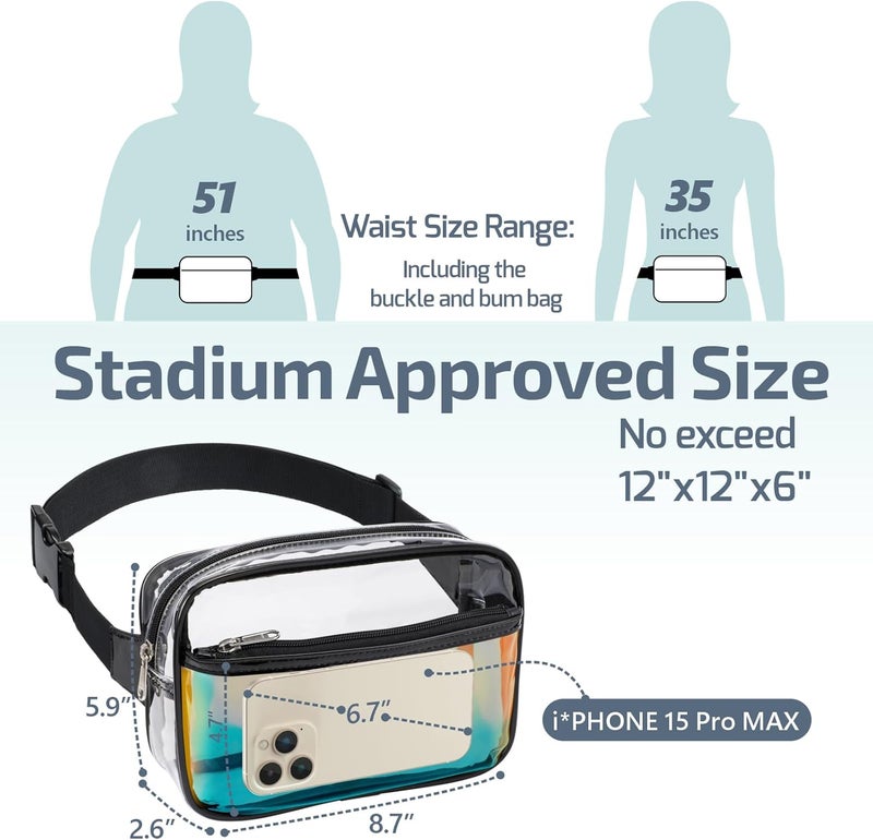 Veckle Holographic Clear Fanny Pack - Plus Size Only 35" - 51" Transparent Belt Bag for Women Crossbody Waist Bag for Festivals, Concerts, Theme Park, Black - Image 3